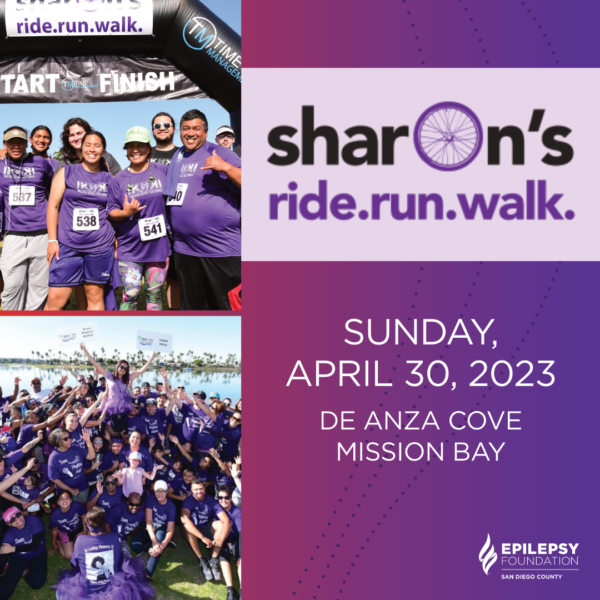 Promo graphic for Sharon's Ride.Run.Walk. 2023 featuring past walking teams at De Anza Cove, Mission Bay.