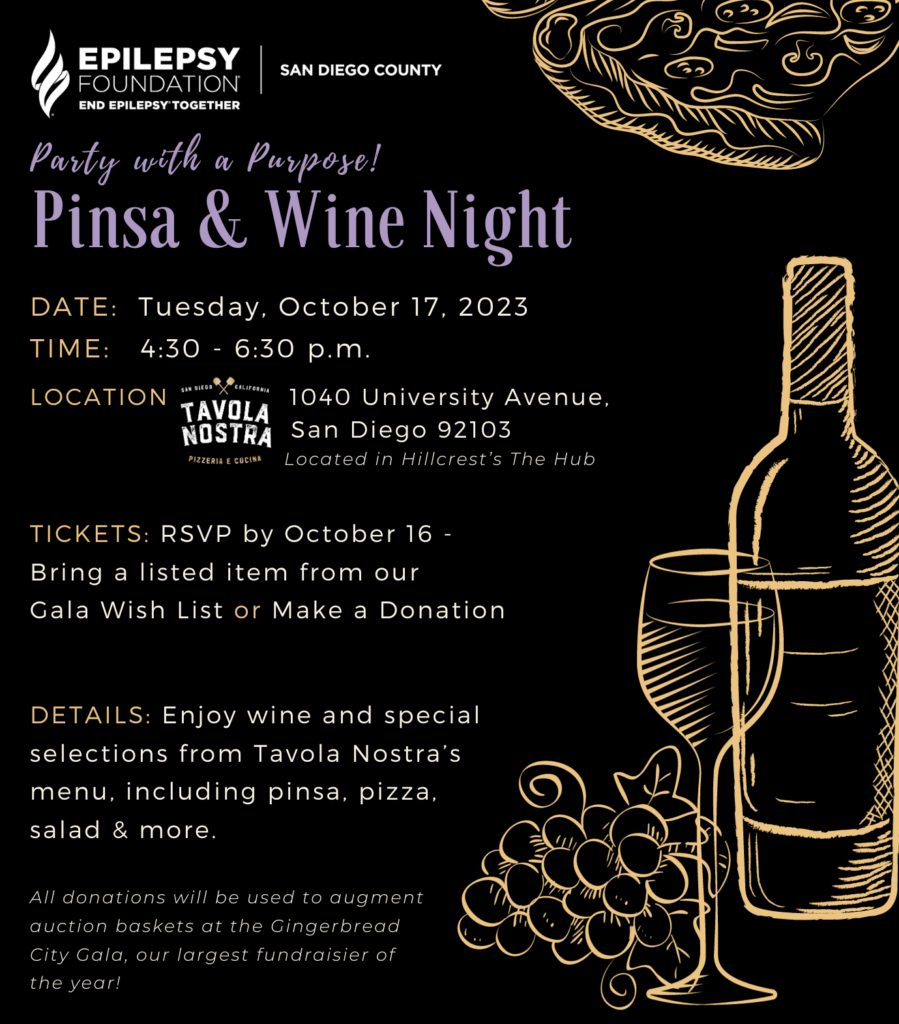 Promo graphic for Party with a Purpose: Pinsa & Wine Night on October 17, 2023, from 4:30–6:30 p.m. at Tavola Nostra