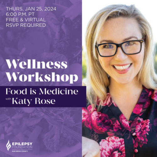 Promo graphic for the January Wellness Workshop themed "Food is Medicine," featuring a photo of guest speaker Katy Rose.